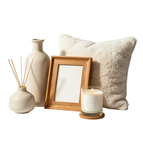 Cozy Neutral Decor Set | Fluffy Pillow, Ceramic Vase & Fragrance Kit for Bedroom Styling
