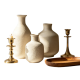 Textured Beige Ceramic Vase & Brass Candle Holder Set | Neutral Wabi-Sabi Decor