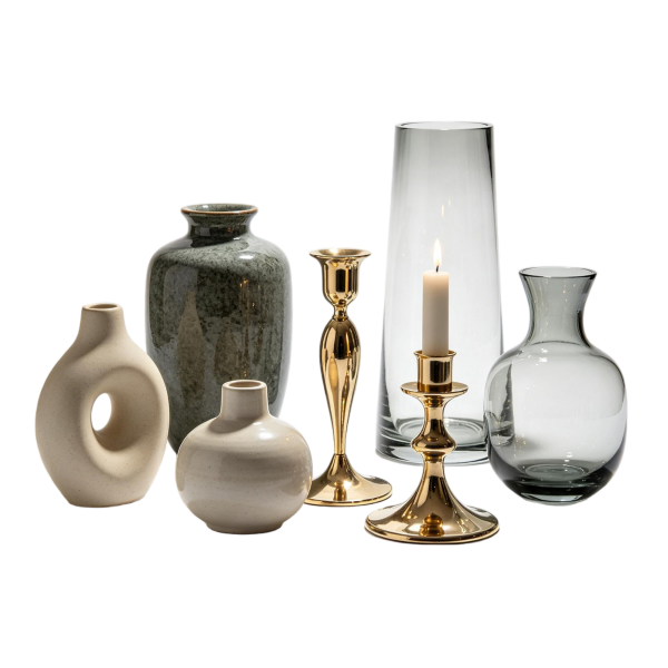 Modern Neutral Vase & Brass Candle Holder Set | Sleek Japandi Home Decor Bundle