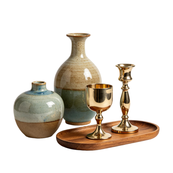 Rustic Glazed Ceramic Vase & Brass Accent Set | Earthy Neutral Home Decor