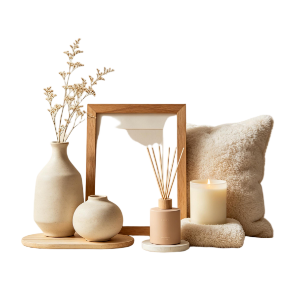 Japandi Style Neutral Decor Set | Beige Vases, Fluffy Pillow & Fragrance Kit for Cozy Spaces