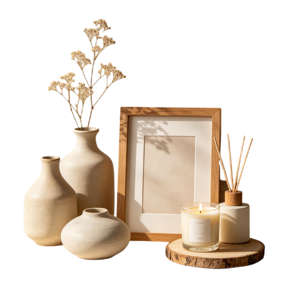 Warm Neutral Vase & Fragrance Set with Wood Frame | Dried Flower & Candle Home Decor