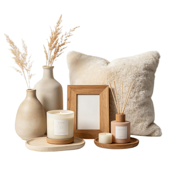 Cozy Neutral Decor Set | Fluffy Pillow, Ceramic Vases & Fragrance Kit for Bedroom Styling