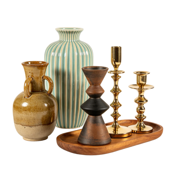 Mid-Century Modern Vase & Brass Candle Holder Set | Earthy Home Decor Bundle