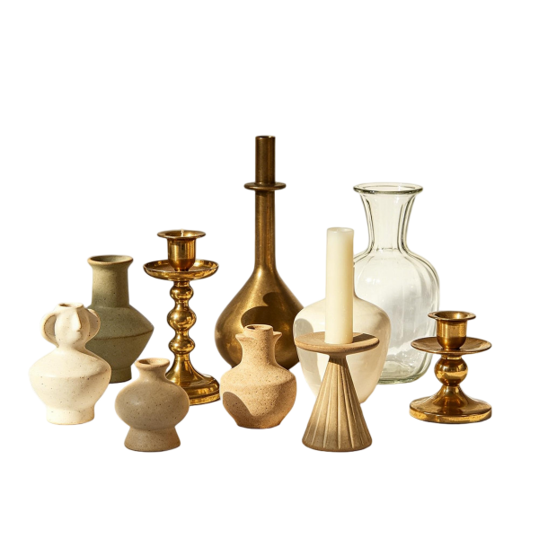 Neutral Wabi-Sabi Vase & Brass Candle Holder Collection | Japandi Home Decor Set