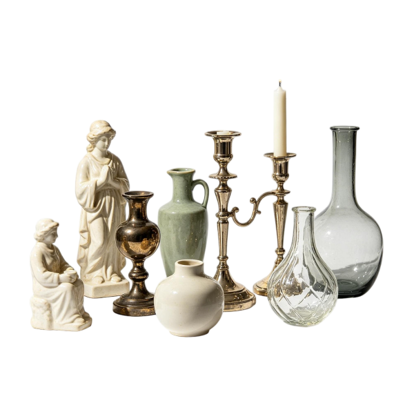 Antique-Inspired Ceramic & Glass Decor Set | Neutral Home Styling Collection with Figurines