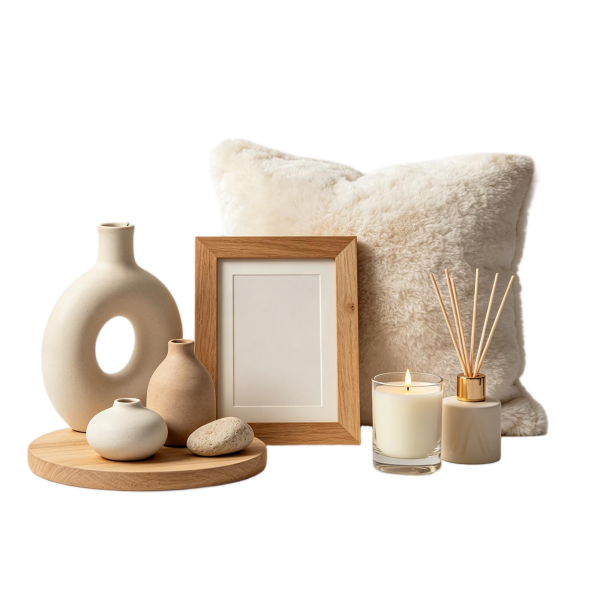 Wabi-Sabi Neutral Decor Set | Donut Vase, Wood Frame & Fragrance for Organic Home Styling