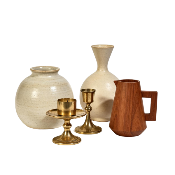 Mid-Century Neutral Ceramic & Wood Decor Set | Brass Candle Holders & Pitcher