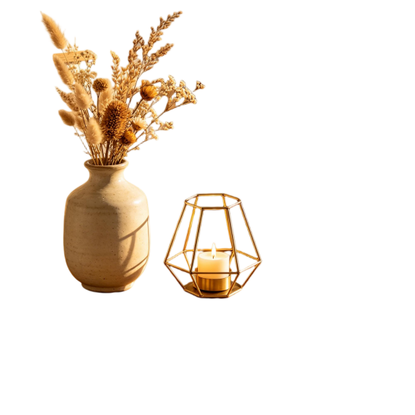 Boho Dried Flower Vase & Gold Geometric Candle Holder Set | Rustic Neutral Home Decor