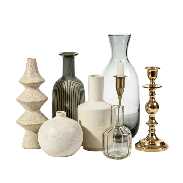 Layered Neutral Vase & Brass Candle Holder Collection | Modern Home Decor Set