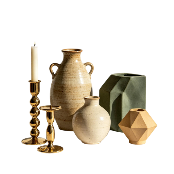Earthy Neutral Ceramic Vase & Brass Candle Holder Set | Wabi-Sabi Home Decor Bundle